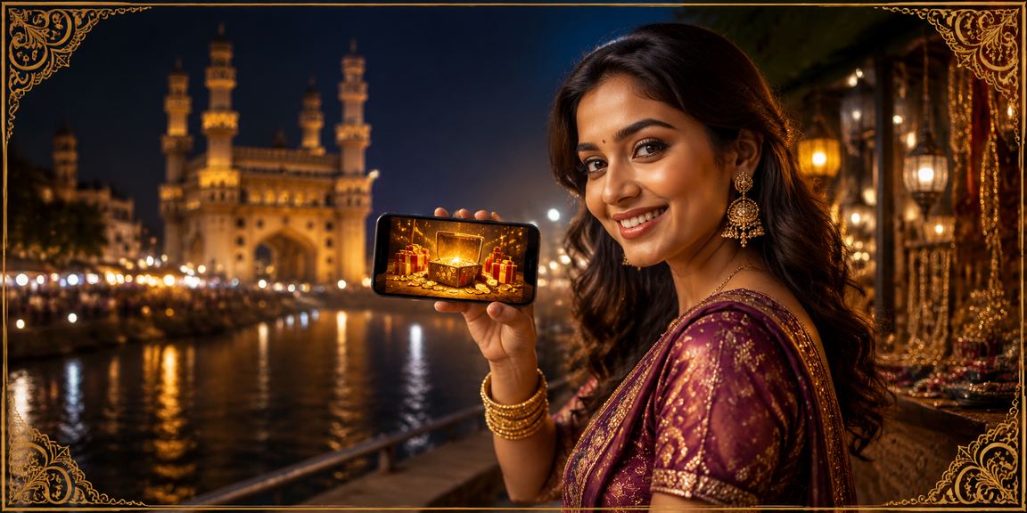 Hyderabad Charminar at night with lively deposit bonus advertisement